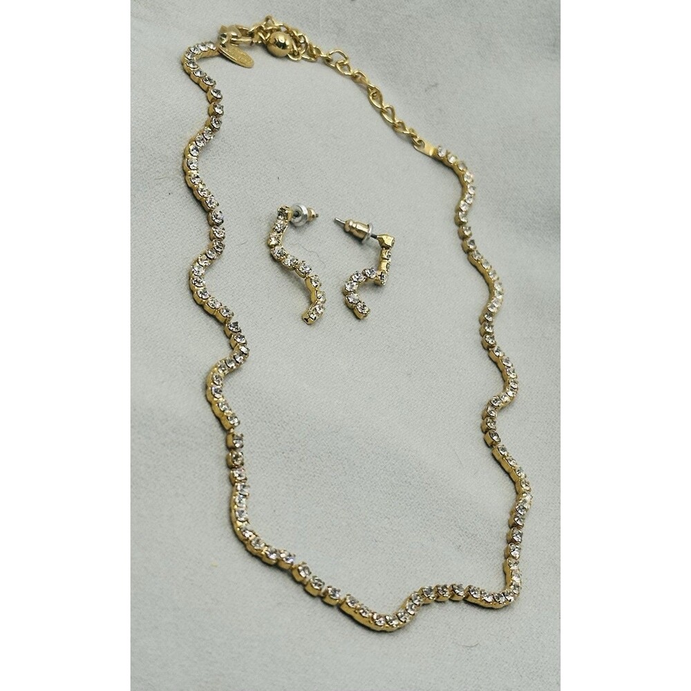Vintage 90s Afterthoughts Gold Tone Wavy Rhinestone Necklace & Earrings Set